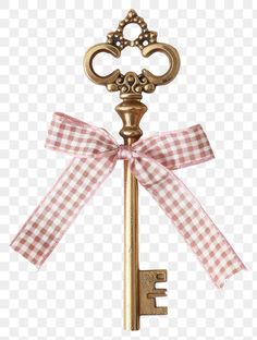 a golden key with a pink bow on the front and back ends, transparent background