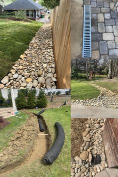 several pictures of different types of landscaping including rocks, grass and wood in front of a house