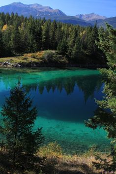 a lake surrounded by pine trees and mountains in the distance with blue water on it