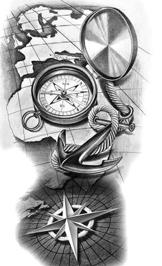 a drawing of a compass and an anchor