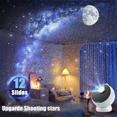 an image of a bedroom with stars on the ceiling and night sky in the background