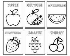 an apple, orange, watermelon, strawberries and grapes coloring page for kids