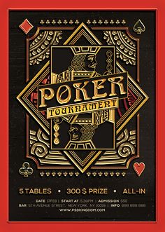 a black and gold poker tournament poster with the words poker tournament written in gold on it