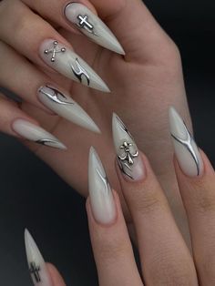 White Stiletto Nails, Wife Nails, Nail Piercing, Witch Nails, Asian Nails, Gothic Nails