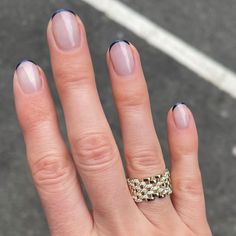 Kate’s navy french manicure over a cloudy sheer base worn with a K Kane Diamond Fine Friendship Ring Navy French Manicure, Navy Manicure, French Manicure Acrylic Nails, Navy Nails, Friendship Ring, French Manicure Nails, Nails 2022, Friendship Bracelets Designs, Wide Band Ring