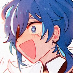 an anime character with blue hair and white shirt, has his tongue out to the side