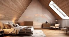 an attic bedroom with wood paneling and white bedding, along with a skylight