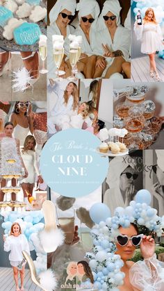 a collage of photos with people dressed up in white and blue, including balloons