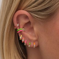 Stay playful in these ear cuffs. Maverick's pop design contrasts neon enamel waves and crystal details. An intentional 6-pieces, with a warm and cool color palette, this set is designed to give you more ways to wear and more ways to share. Created for you with a sterling silver base and utilizing an extra luxurious 14 karat gold plating, this ear cuff set is everything you love about our demi-fine jewelry collection. Luxe Jewelry, Hybrid Design, Pop Design, Demi Fine Jewelry, Ear Cuffs, Rose Gold Jewelry, Fine Jewelry Collection, Earring Backs, Gold Plated Sterling Silver