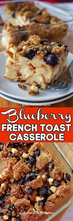 blueberry french toast casserole on a plate with the title in the middle