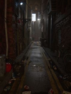 a dark alley with trash on the ground