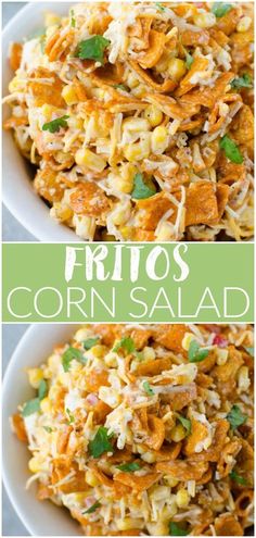 two pictures with the words fritos corn salad on them