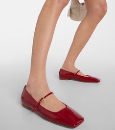 Christina patent leather Mary Jane flats in red - Gianvito Rossi | Mytheresa Formal Square Toe Flats With Buckle Closure, Patent Leather Flats With Buckle Closure, Chic Flats With Buckle Closure And Square Toe, Modern Patent Leather Flats, Leather Mary Jane Flats, Summer 2025, Rossi Shoes, Mary Jane Flats, Leather Mary Janes