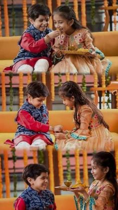 two young children sitting on orange chairs eating food