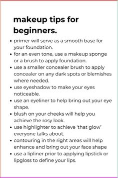 a list of easy makeup info and tips for beginners #makeup #makeupideas #Makeupinspo #makeupproducts #makeuptipsforbeginners #nomakeupmakeup Makeup Supplies For Beginners, Makeup List For Beginners, Makeup Guide For Beginners, Learning Makeup, Strobing Makeup, Makeup Questions, Tutorial Eyeshadow, Habit Stacking, Wedding Makeup Tutorial