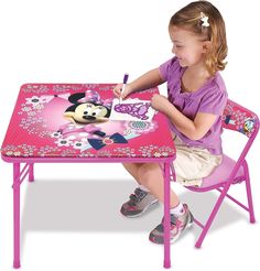 80% Metal 20% Plastic Imported Now your child can play with her favorite friend, with the new Disney's Minnie Mouse Blossoms and Bows Jr. Activity Table Set Set comes with 1 table and 1 padded chair. Bright colorful graphics and large table surface for drawing, eating and playing. Table and chair are made of sturdy metal tubular construction and have a vinyl surface that is washable. Adult assembly required, tool included. Both table and chair include a safety locking mechanism for security. Chair has a recommended weight limit of 70 pounds. Table size: 20" x 20". Recommended for ages 2-5 years. Now your child can play with her favorite friend, with the new Disney's Minnie Mouse Blossoms & Bows Jr. Activity Table Set. The set comes with 1 table & 1 Chair. Bright colorful graphics & large t Drawing Eating, Minnie Mouse Table, Favorite Friend, Colorful Graphics, Childrens Table, Kids' Desk, Activity Table, Delta Children, Kids Table And Chairs