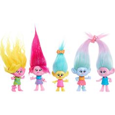 five little troll dolls are lined up in a row