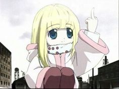 a cartoon girl with blonde hair and blue eyes pointing at something in the air above her head