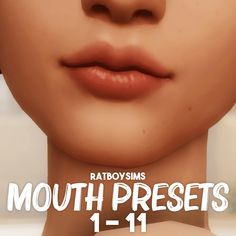 a close up of a person's face with the words ratboy sims mouth presets 1 - 11