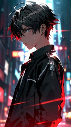 an anime character with black hair and red eyes standing in the middle of a city