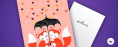 two foxes under an umbrella on a pink background with hearts in the sky above them