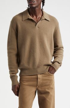 Pure cashmere warms this richly textured seed-stitch polo-sweater knit with an open collar and discreetly dropped shoulders. Spread collar Long sleeves Dropped shoulders Ribbed cuffs and hem 100% cashmere Hand wash, dry flat Made in Italy Designer Clothing Classic Wool Collared Polo Sweater, Brown Wool Polo Sweater With Ribbed Collar, Classic Brown Polo Sweater With Ribbed Collar, Classic Collared Cashmere Polo Sweater, Collared Wool Polo Sweater For Fall, Brown Collared Wool Sweater, Classic Johnny Collar Polo Sweater For Fall, Classic Brown Collared Sweater, Classic Collared Brown Sweater