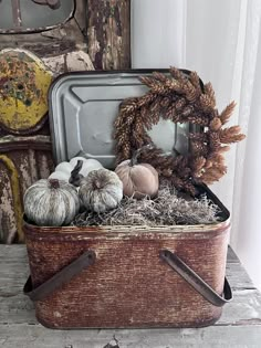 an old suitcase filled with pumpkins and other decorations