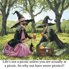 two witches sitting in the grass drinking wine