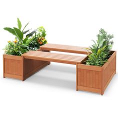 two wooden planters with plants in them