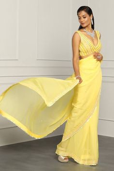 Lemon yellow saree with all over tonal varied sequins, beads, stones and floral sequin hand embroidery. Paired with striped padded blouse and embroidered belt. - Aza Fashions Lemon Yellow Saree, Saree And Blouse, Sequin Saree, Padded Blouse, Embroidered Belt, Yellow Saree, Lemon Yellow, Embroidered Blouse, Set For Women