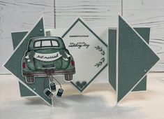 a card with an old car on it and the words, love is in the air