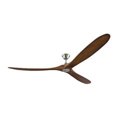 a ceiling fan with wooden blades on it's blades and a light bulb attached to the blade