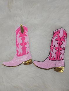 LISTING IS FOR ONE PATCH, NO CLOTHING IS SOLD WITH THIS PURCHASE. These Custom Cowgirl Boot Sequin Patches can be applied to denim, 100% cotton, and polyester/cotton blends on light and dark colored garments. They can be applied to robes, hats, bags, t-shirts, sweatshirts and so much more! Perfect for Swifties, Taylor Concerts, Games, Shows, Rodeos, 4H,  Size (Approx) :  please see photo for exact, patch is approx 7 inches Wide and 10 inches Tall Backing: Iron On The patches can be applied with an iron or a heat press. Iron Application Instructions: When applying the patches with an iron, set your iron to high heat.  Using a fresh adhesive, lint-roll the surface of your garment where you will be applying your letter patches prior to prepressing to remove any lint. Pre-press your garment wh Diy Heat Press, Pink Cowgirl Boot, Large Iron On Patches, Pink Cowgirl Boots, Letter Patches, Sequin Patch, Pink Cowgirl, Cowgirl Boot, Pink Bling