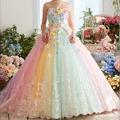 ad eBay - Rainbow Quinceanera Dresses with 3D Floral Strapless Tulle Party Prom Ball Gowns - Buy Now, click the link (eBay) Pastel Wedding Dresses, Rainbow Wedding Dress, Wedding Dresses Uk, Rainbow Tutu, Plum Dress, 파티 드레스, Rainbow Wedding, فستان سهرة, Rainbow Dress