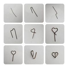 six different types of pins with hearts and arrows on them, all in various shapes