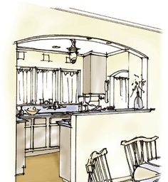 a drawing of a kitchen and dining room