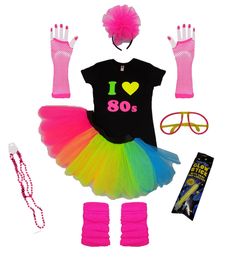 a costume with pink gloves, eyeglasses and t - shirt that says i love 80's