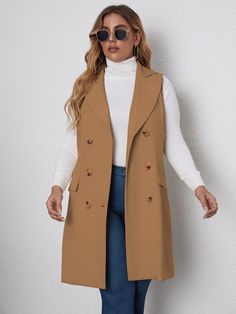 Khaki Elegant  Sleeveless Polyester Plain Pea Coat Embellished Slight Stretch Spring/Fall Plus Size Outerwears Professional Outfits Women Plus Size, Classy Plus Size Outfits, Curvy Work Outfit, Fall Business Casual Outfits, Casual Outfits Plus Size, Professional Outfit, Business Casual Fall, Plus Size Fall Outfit