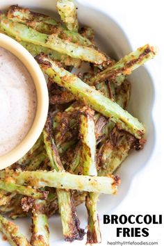 broccoli fries on a plate with dipping sauce