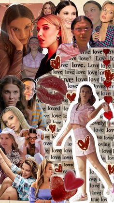 the collage has many different pictures and words on it, including two women with hearts