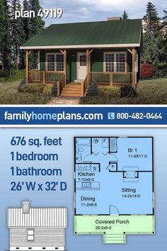 the floor plan for a small cabin home with two bedroom and an attached porch, is shown