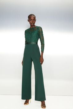 Sure to make a stylish statement, this tailored jumpsuit marries a lacy mesh bodice with straight legs and a silky satin bow. Both opulent and modern, it takes party lengths to dramatic new heights.Style: Jumpsuit Jumpsuit Formal, Irish Birthday, Tailored Jumpsuit, Style Jumpsuit, Green Jumpsuit, Satin Bow, Wide Leg Jumpsuit, Embroidered Top, Playsuit Jumpsuit