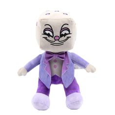 a purple and white cat stuffed animal wearing a tuxedo suit with pink bow tie