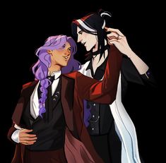 two people are dressed up and one has purple hair