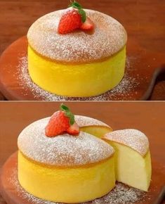 two pictures of a cake with powdered sugar and strawberries on top