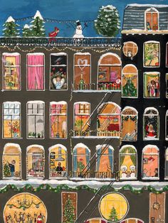 a painting of an apartment building with christmas decorations on the windows and people standing outside