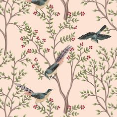 birds and berries are on the branches of a tree