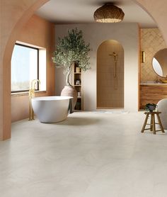 a large bathroom with an arched doorway leading to the outside