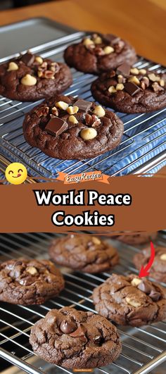 chocolate cookies cooling on a rack with the words world peace cookies above it and an image of