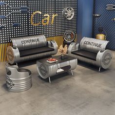 a living room with furniture made out of tin cans